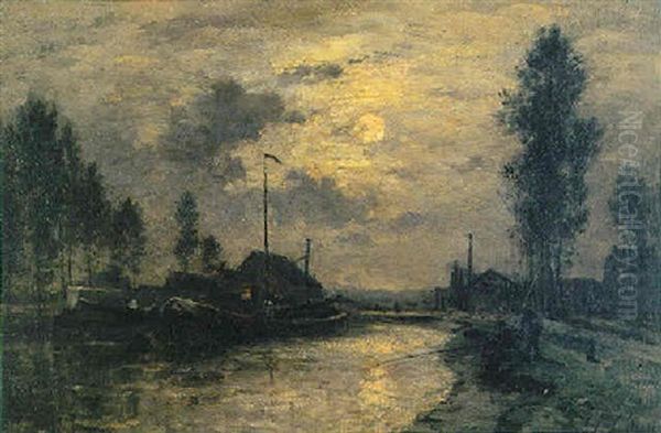 Paysage Avec Effet De Lune Sur La Riviere Oil Painting by Stanislas Lepine