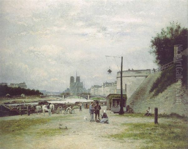 Le Quai De Louviers Au Pont Sully (le Quai Henri Iv A Paris) Oil Painting by Stanislas Lepine