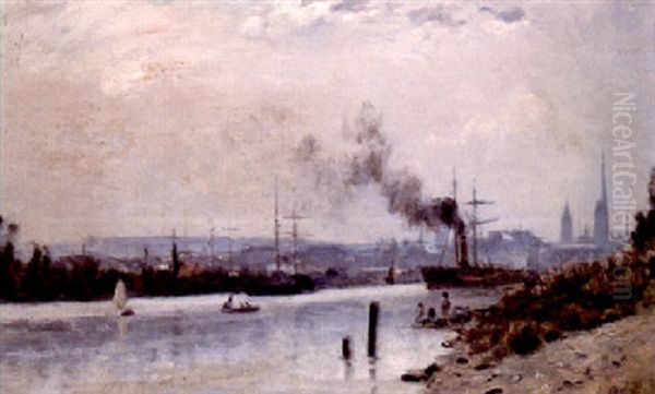 A View Of The Seine Near Rouen Oil Painting by Stanislas Lepine