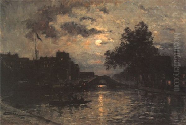 River In Moonlight Oil Painting by Stanislas Lepine