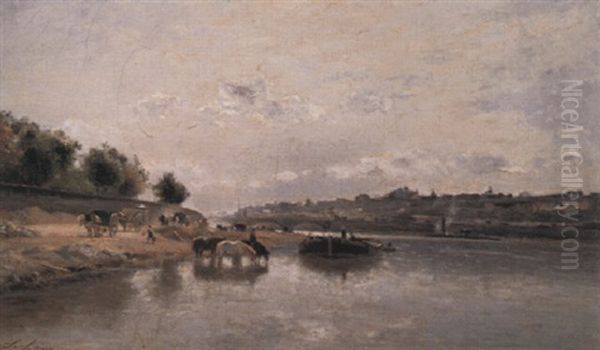 La Seine Pres Du Pont D'iena Oil Painting by Stanislas Lepine