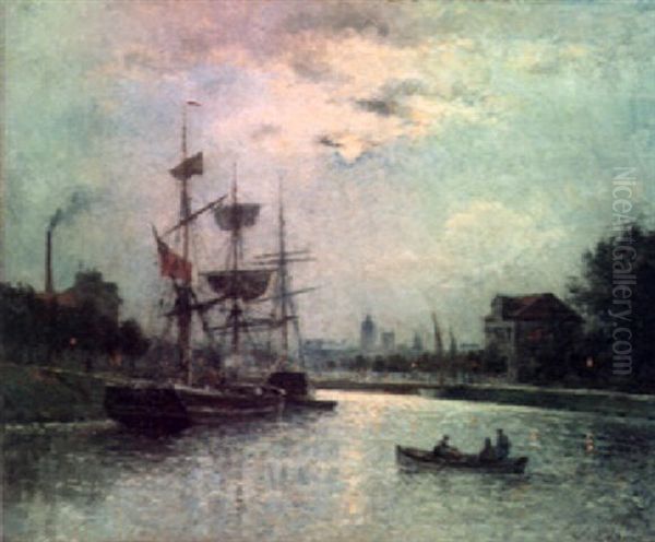 Caen, Le Canal Et L'eglise Saint-jean, Effet De Lune Oil Painting by Stanislas Lepine