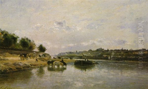 La Seine Pres Du Pont D'iena (the Seine By The Jena Bridge) Oil Painting by Stanislas Lepine