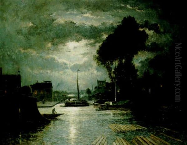 Le Canal Saint-denis Vu De La Darse De Metz - Effet De Lune Oil Painting by Stanislas Lepine