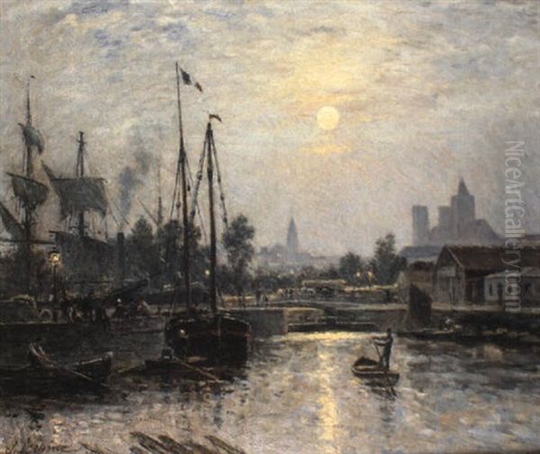 Le Grand Bassin Du Port De Caen Oil Painting by Stanislas Lepine