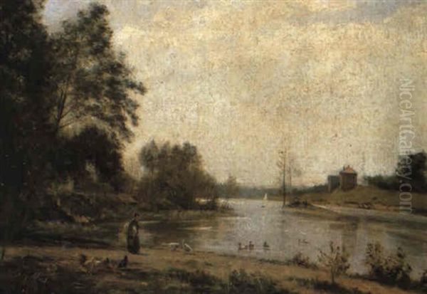 Paysage En Bord De Riviere, Avec Figure Oil Painting by Stanislas Lepine