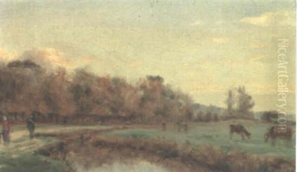 Cattle And Figures In A River Landscape Oil Painting by Stanislas Lepine