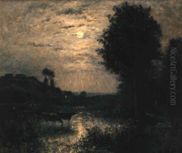 Vaches Au Clair De Lune Oil Painting by Stanislas Lepine