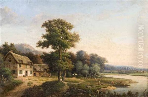 Paysage Anime A La Chaumiere Et A La Barque Oil Painting by Prosper Lepinoy