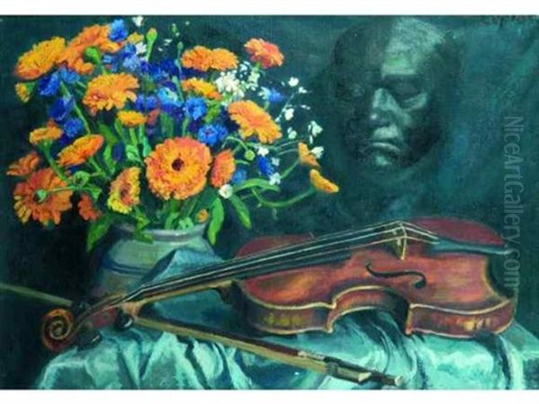 Allegorie A Beethoven (composition Au Violon. Masque Et Bouquet De Fleurs) Oil Painting by France Leplat