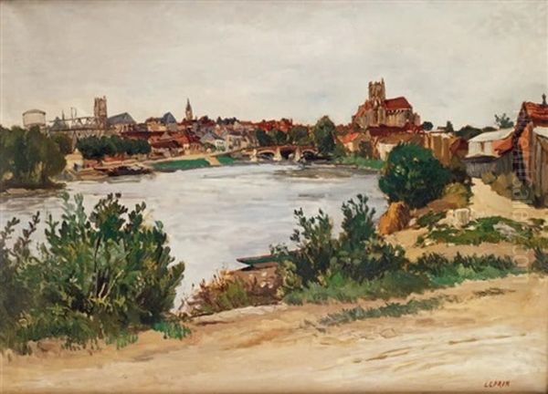 Auxerre, Les Bords De L'yonne Et La Cathedrale Oil Painting by Marcel Francois Leprin