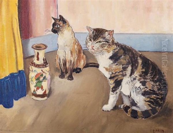 Les Chats Au Vase Chinois Oil Painting by Marcel Francois Leprin