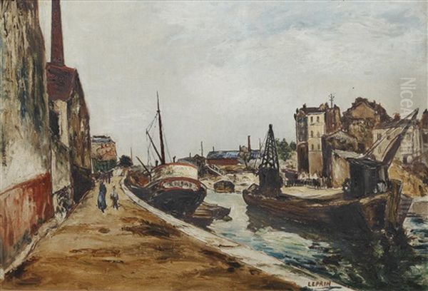 Canal De La Villette Oil Painting by Marcel Francois Leprin