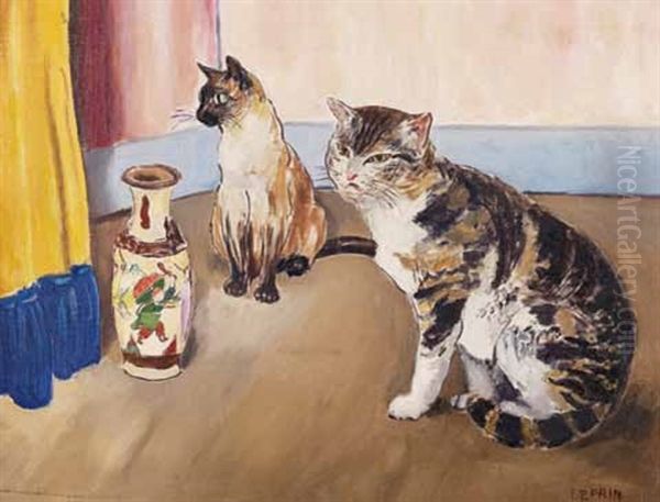 Les Chats Au Vase Chinois Oil Painting by Marcel Francois Leprin