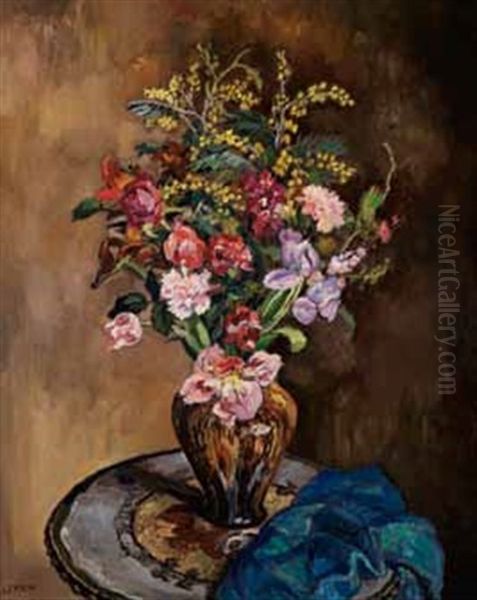 Vase De Fleurs Sur Un Gueridon Oil Painting by Marcel Francois Leprin