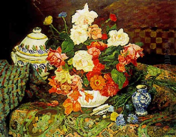 Nature Morte Au Bouquet De Roses, Soupiere Et Tapis Oil Painting by Marcel Francois Leprin