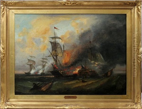 Naval Battle Scene Oil Painting by Auguste-Xavier Leprince