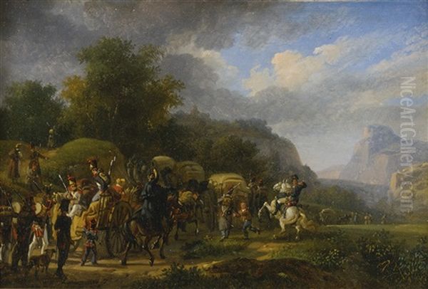 A Military Convoy In A Mountainous Landscape Oil Painting by Auguste-Xavier Leprince