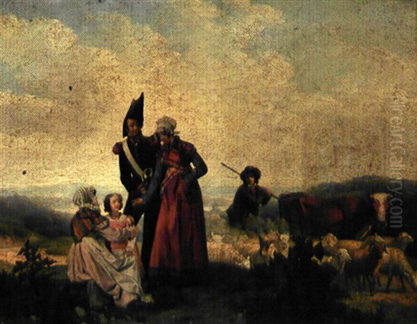 Un Soldat Napoleonien Et Sa Familly En Promenade A La Campagne Oil Painting by Auguste-Xavier Leprince