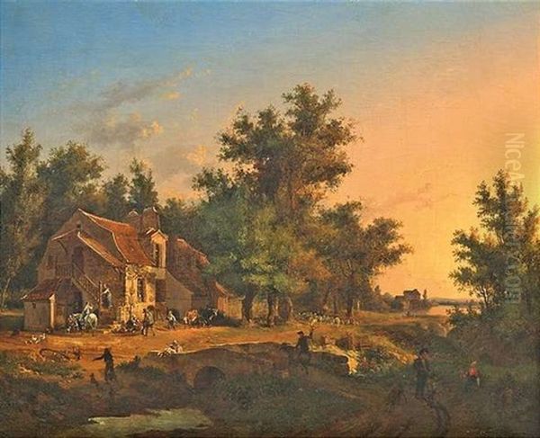 Sommerliche Landschaft Mit Einem Gehoft Unter Hohen Baumen Im Abendlicht Oil Painting by Auguste-Xavier Leprince