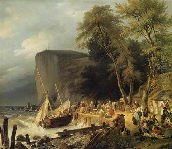 A View Of The Coast At Le Havre By La Heve, With A Fishing Boat Moored At A Quay And Peasants Resting Before An Inn Oil Painting by Auguste-Xavier Leprince