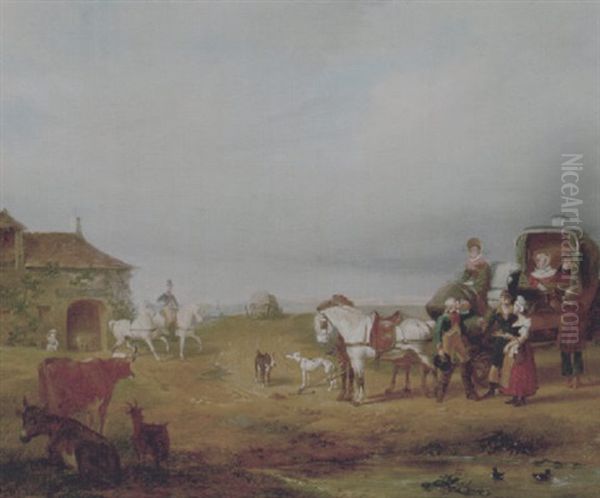 An Open Landscape With A Horse And Carriage Halted Beside A Pond, With Animals And An Inn Nearby by Auguste-Xavier Leprince