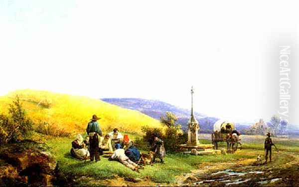 Le Repos Des Paysans Pres Du Calvaire by Auguste-Xavier Leprince