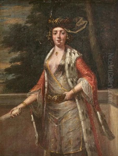 Jeune Duchesse De L'empire Russe En Manteau D'hermine Sur Fond De Parc, Un Pli Roule Dans Sa Main Droite Oil Painting by Jean-Baptiste Leprince