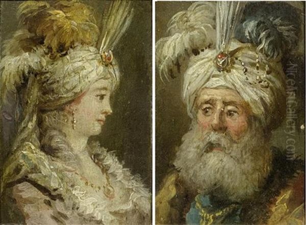 Portrat Einer Dame Und Eines Bartigen Mannes Mit Turban Und Federn (pair) Oil Painting by Jean-Baptiste Leprince