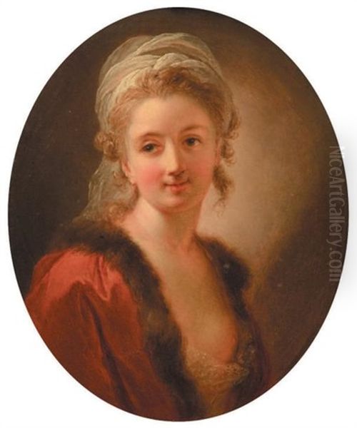 Portrait De Jeune Femme En Manteau Rouge A Col De Fourure La Poitrine Decouverte Oil Painting by Jean-Baptiste Leprince