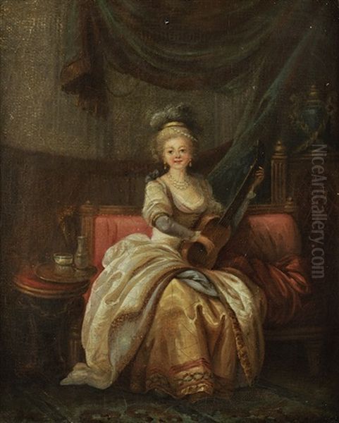 Portrait De Jeune Femme Sur Un Sofa Jouant De La Guitare Oil Painting by Jean-Baptiste Leprince