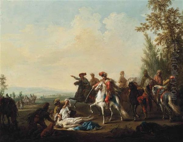 Cavaliers Attending A Fallen Comrade In A Landscape by Jean-Baptiste Leprince