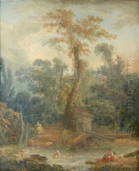 Enfants Taquinant Les Canards Dans Un Paysage Champetre Oil Painting by Jean-Baptiste Leprince