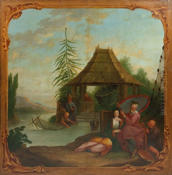 La Peche Au Bord De L'etang (+ Le Repos Au Bord De Letang; Pair) Oil Painting by Jean-Baptiste Leprince