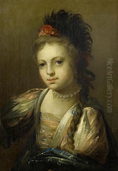 Portrait Of A Girl In A Pink And White Dress And Blue Shawl, With A Pearl Necklace And Feather Headdress Oil Painting by Jean-Baptiste Leprince