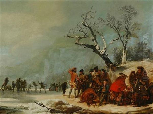 Skaters On A Frozen Lake Oil Painting by Jean-Baptiste Leprince