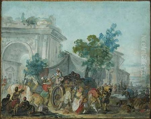 Scene De Marche Avec Un Arc De Triomphe Oil Painting by Jean-Baptiste Leprince