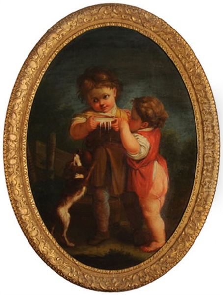 Kinder Mit Milchschale Und Hund Oil Painting by Jean-Baptiste Leprince