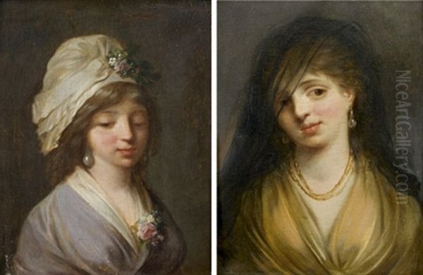 Portrait De Jeune Femme Au Bonnet Fleuri (+ Portrait De Jeune Femme Voilee; Pair) Oil Painting by Jean-Baptiste Leprince