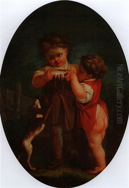 Zwei Kinder Mit Hund Und Schale Milch Oil Painting by Jean-Baptiste Leprince