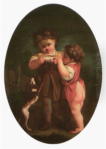 Zwei Kinder Mit Hund Und Schale Milch Oil Painting by Jean-Baptiste Leprince