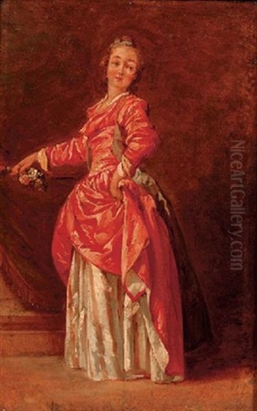 A Lady In A Red Dress In An Interior Oil Painting by Jean-Baptiste Leprince