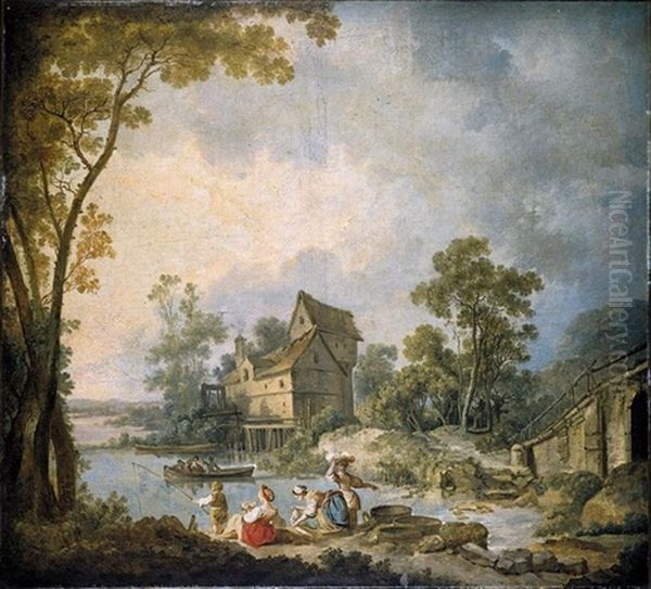 A Mill Scene With Women Washing Clothes In A River, A Boy Fishing Nearby Oil Painting by Jean-Baptiste Leprince