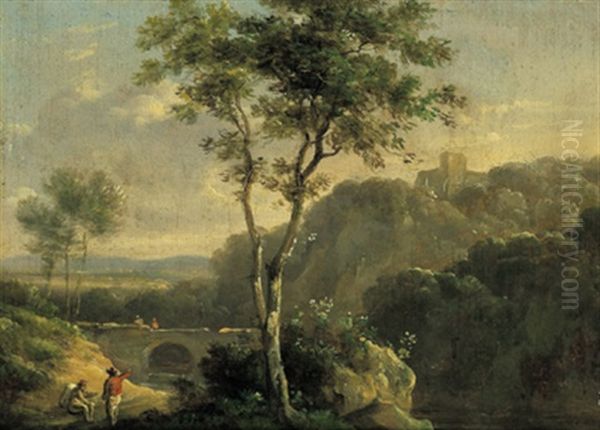 Gebirgige Landschaft Mit Figuren Und Herdenzug (+ Another, Similar; Pair) Oil Painting by Jean-Baptiste Leprince