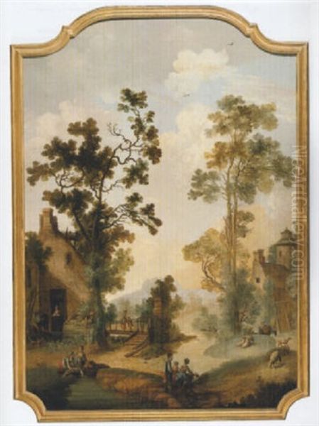 Landscape With A Riverside Village Oil Painting by Jean-Baptiste Leprince