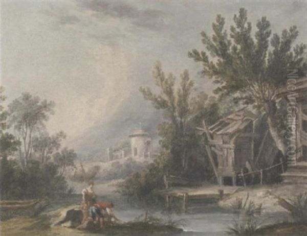 Anglers At A Stream Oil Painting by Jean-Baptiste Leprince