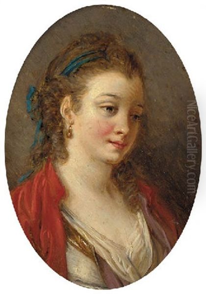 Portrait Of A Lady In A Red Shawl Oil Painting by Jean-Baptiste Leprince