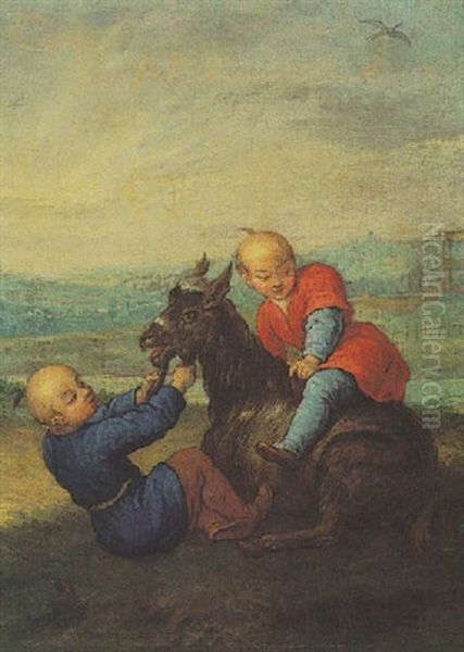 Zwei Asiatische Jungen Mit Ziege Spielend Oil Painting by Jean-Baptiste Leprince