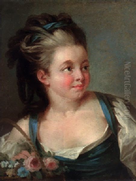 Portrait Of A Young Girl In A Blue Dress With A Basket Of Flowers Oil Painting by Jean-Baptiste Leprince