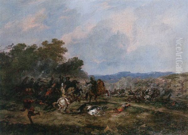 A Cavalry Skirmish Oil Painting by Jean-Baptiste Leprince